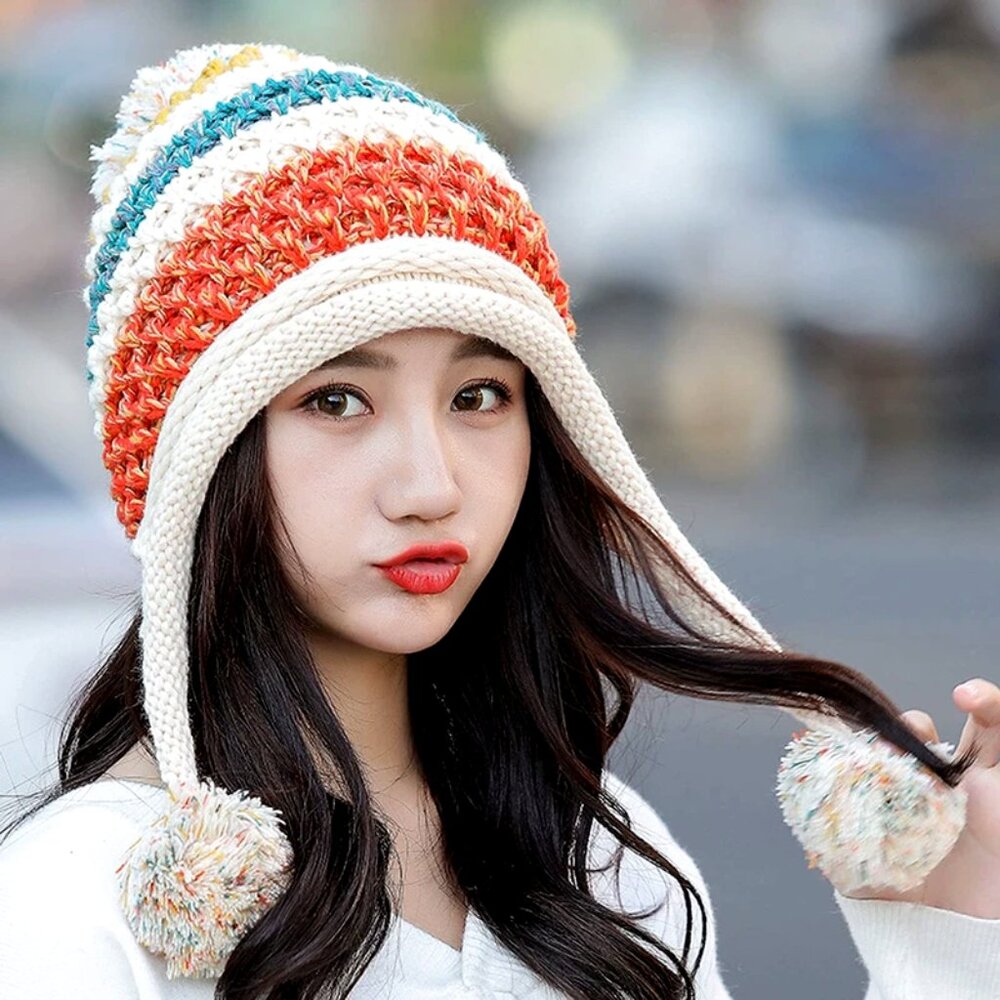 Cute Warm Knitted Striped With Pompoms Fleece Lined • Ski Hat - Picture 5 of 5